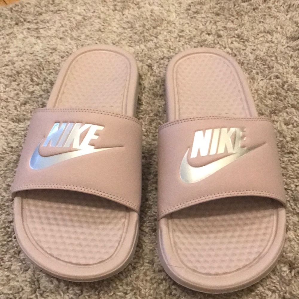 Lilac Nike slides
